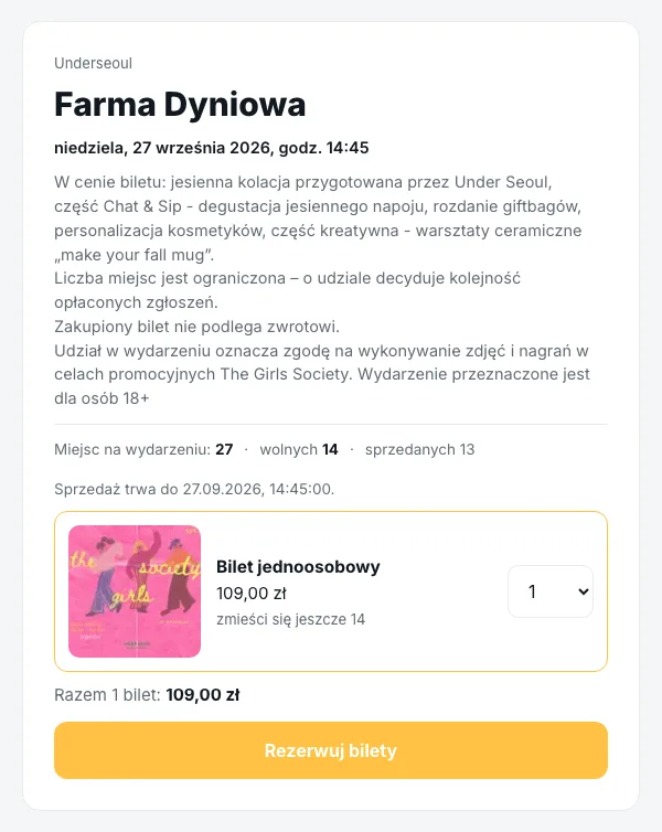 Strona wydarzenia Farma Dyniowa: nazwa lokalu Underseoul, termin niedziela 27 września 2026 godz. 14:45, opis tego, co gość dostaje w cenie biletu, licznik „Miejsc na wydarzeniu: 27, wolnych 14, sprzedanych 13”, informacja „Sprzedaż trwa do 27.09.2026, 14:45:00”, pozycja „Bilet jednoosobowy 109,00 zł” z wyborem liczby sztuk i przycisk „Rezerwuj bilety”.