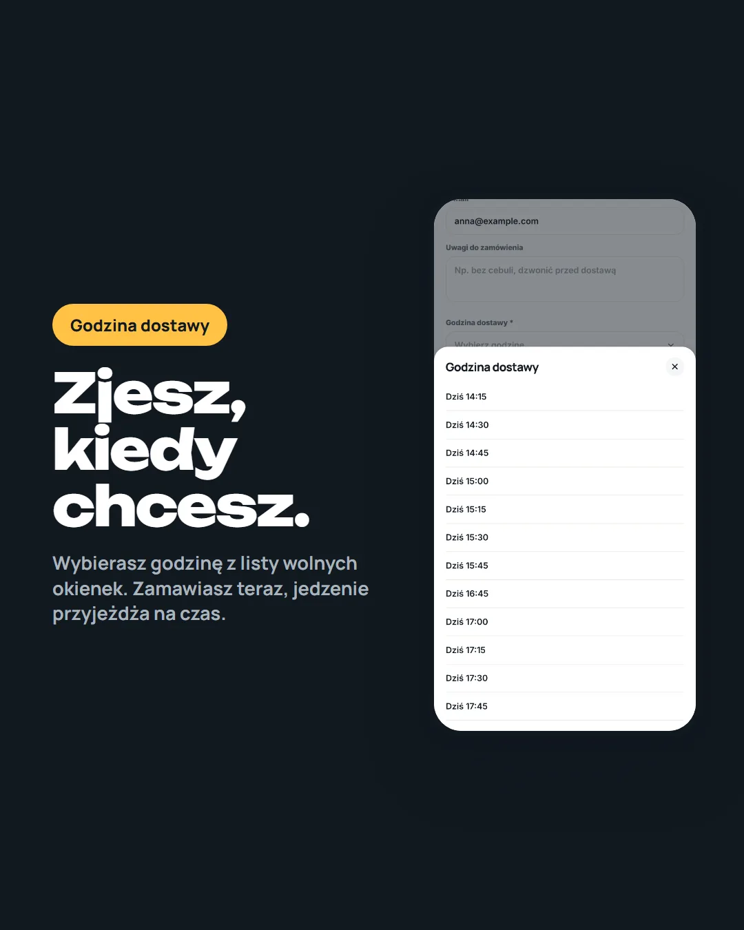 Ekran wyboru godziny dostawy pod hasłem „Zjesz, kiedy chcesz”. Lista wolnych okienek co piętnaście minut, od 14:15 do 17:45.