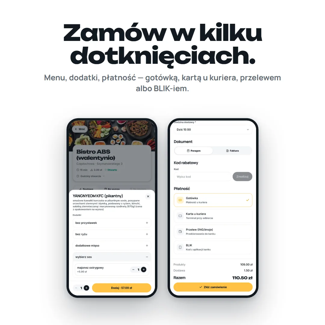 Dwa ekrany składania zamówienia pod hasłem „Zamów w kilku dotknięciach”. Po lewej wybór dodatków do dania z ceną, po prawej podsumowanie z wyborem płatności: gotówka, karta u kuriera, przelew albo BLIK.
