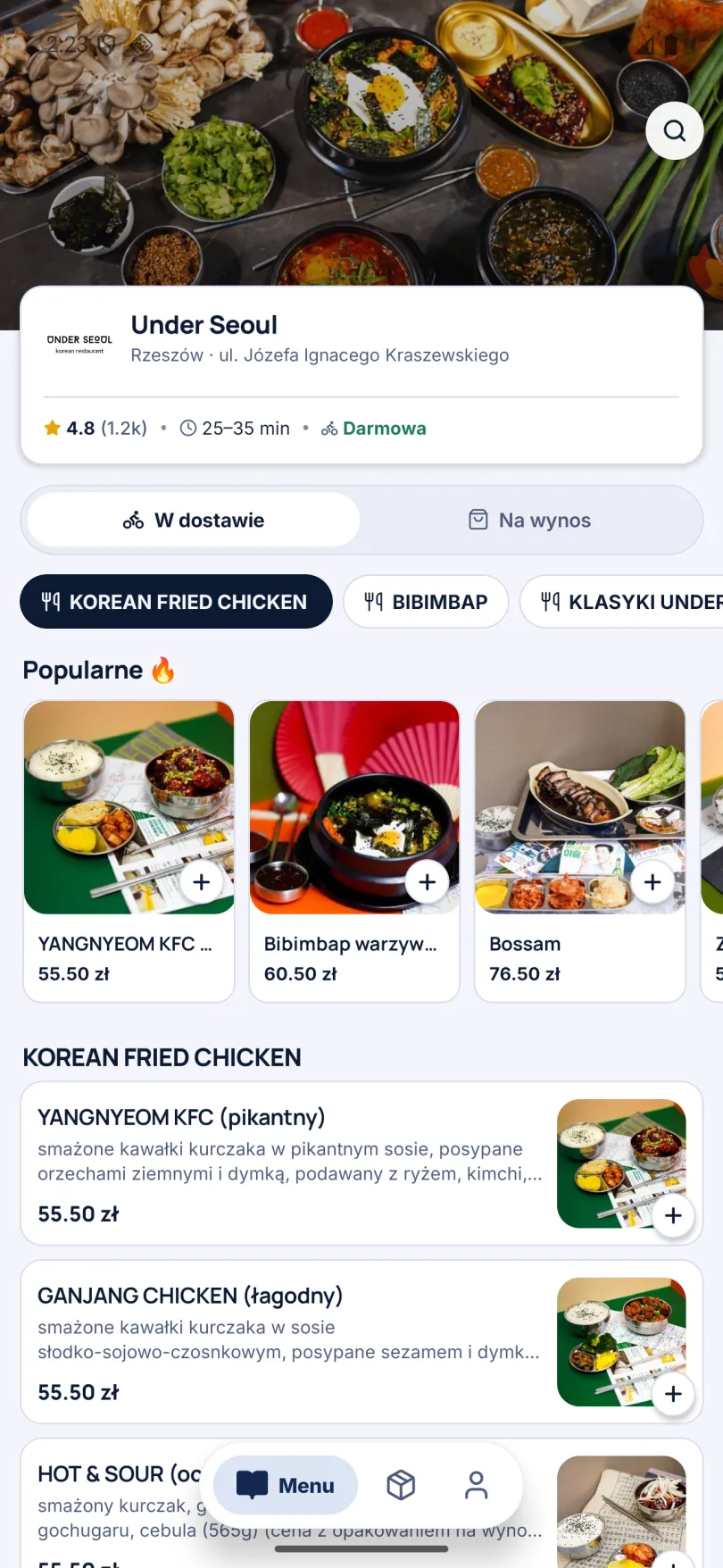 Karta lokalu: Under Seoul, Rzeszów, ulica Kraszewskiego. Ocena 4,8 z 1,2 tysiąca opinii, dostawa 25–35 minut, dowóz darmowy. Przełącznik dostawa / na wynos, kategorie menu i pozycje popularne z cenami od 55,50 zł.